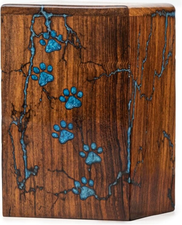 Rose Wood Urns for Pet Ashes with Blue paw prints - Cat, Dog Urns for Ashes ( Private cremation included )